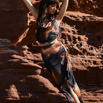 La Belle | Orange Smoke Print Ruffle Maxi Skirt With Thigh Split