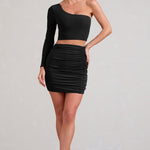Step Out | Black Ruched Mini Skirt With Split