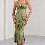 Per Favore | Olive Satin Ruched Split Maxi Skirt