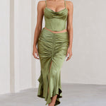 Per Favore | Olive Satin Ruched Split Maxi Skirt