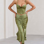 Per Favore | Olive Satin Ruched Split Maxi Skirt