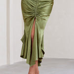 Per Favore | Olive Satin Ruched Split Maxi Skirt
