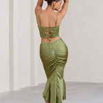 Per Favore | Olive Satin Ruched Split Maxi Skirt