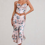 Per Favore | Pink Satin Ruched Split Maxi Skirt