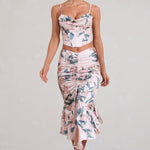 Per Favore | Pink Satin Ruched Split Maxi Skirt