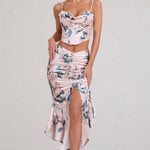 Per Favore | Pink Satin Ruched Split Maxi Skirt