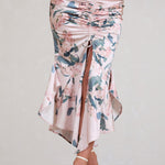Per Favore | Pink Satin Ruched Split Maxi Skirt