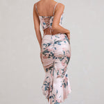 Per Favore | Pink Satin Ruched Split Maxi Skirt
