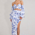 Holiday | Blue Floral Ruched Asymmetric Maxi Skirt