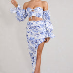 Holiday | Blue Floral Ruched Asymmetric Maxi Skirt