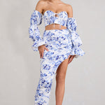 Holiday | Blue Floral Ruched Asymmetric Maxi Skirt