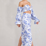 Holiday | Blue Floral Ruched Asymmetric Maxi Skirt