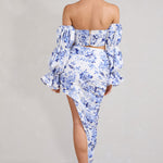 Holiday | Blue Floral Ruched Asymmetric Maxi Skirt