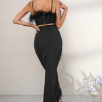 Margarita | Black High Waist Wrap Front Midi Skirt With Feather Trim