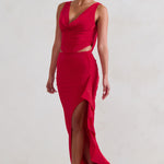 La Belle | Red Ruffle Maxi Skirt With Thigh Split