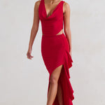 La Belle | Red Ruffle Maxi Skirt With Thigh Split