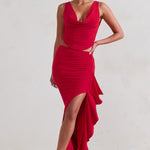 La Belle | Red Ruffle Maxi Skirt With Thigh Split