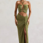Women Olive Ruched Split Maxi Skirt