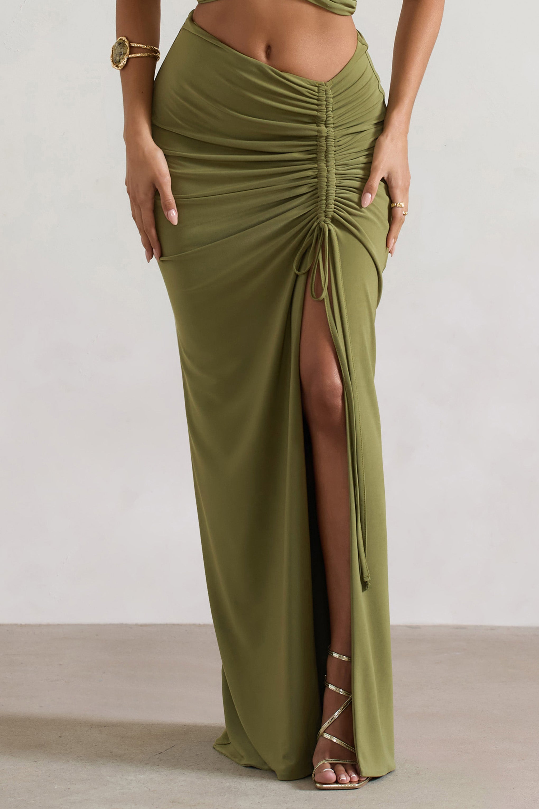 Women Olive Ruched Split Maxi Skirt