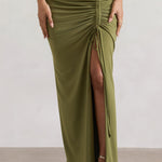 Women Olive Ruched Split Maxi Skirt