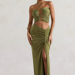Women Olive Ruched Split Maxi Skirt