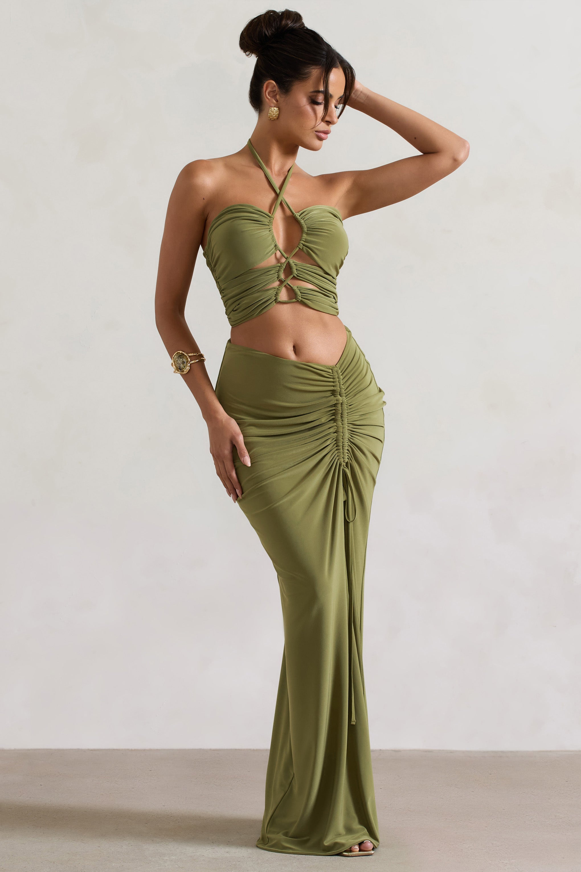 Women Olive Ruched Split Maxi Skirt