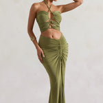 Women Olive Ruched Split Maxi Skirt