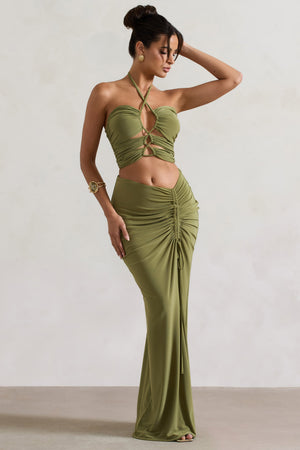 Women Olive Ruched Split Maxi Skirt
