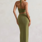 Women Olive Ruched Split Maxi Skirt