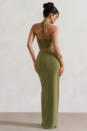 Women Olive Ruched Split Maxi Skirt