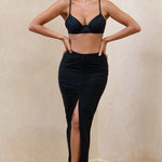 Longing | Black Ruched Chiffon Split Maxi Skirt With Drawstrings