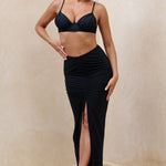 Longing | Black Ruched Chiffon Split Maxi Skirt With Drawstrings