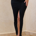 Longing | Black Ruched Chiffon Split Maxi Skirt With Drawstrings