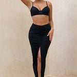 Longing | Black Ruched Chiffon Split Maxi Skirt With Drawstrings