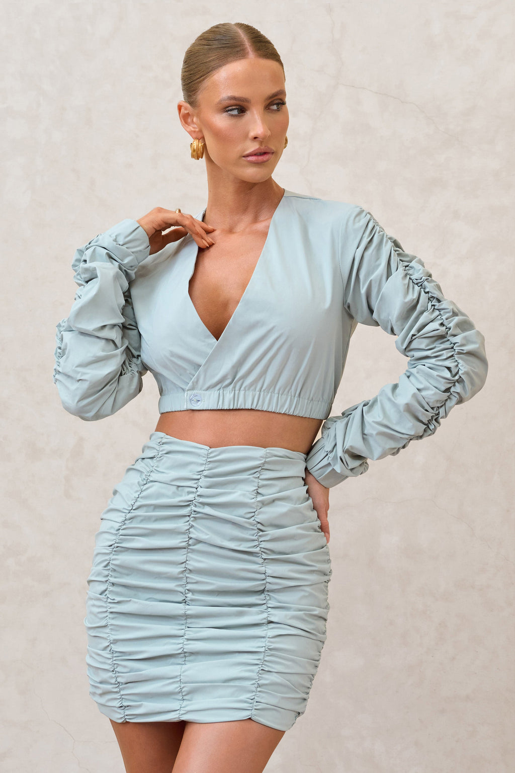 Break Of Day | Sage Ruched Mini Skirt