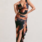 La Belle | Orange Smoke Print Ruffle Maxi Skirt With Thigh Split