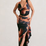La Belle | Orange Smoke Print Ruffle Maxi Skirt With Thigh Split