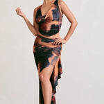 La Belle | Orange Smoke Print Ruffle Maxi Skirt With Thigh Split