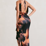 La Belle | Orange Smoke Print Ruffle Maxi Skirt With Thigh Split