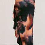 La Belle | Orange Smoke Print Ruffle Maxi Skirt With Thigh Split