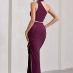 In The Air | Plum Ruched Asymmetric High-Waisted Maxi Skirt