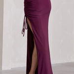 In The Air | Plum Ruched Asymmetric High-Waisted Maxi Skirt