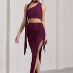 In The Air | Plum Ruched Asymmetric High-Waisted Maxi Skirt