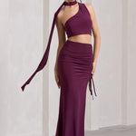 In The Air | Plum Ruched Asymmetric High-Waisted Maxi Skirt