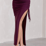 In The Air | Plum Ruched Asymmetric High-Waisted Maxi Skirt