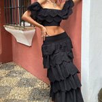 Vista | Black Broderie Ruffled Tiered Maxi Skirt