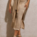Drop A Glint | Champagne Satin Split Midi Skirt