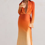 Serita | Orange Ombre Satin Split Maxi Skirt