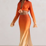 Serita | Orange Ombre Satin Split Maxi Skirt