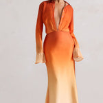 Serita | Orange Ombre Satin Split Maxi Skirt